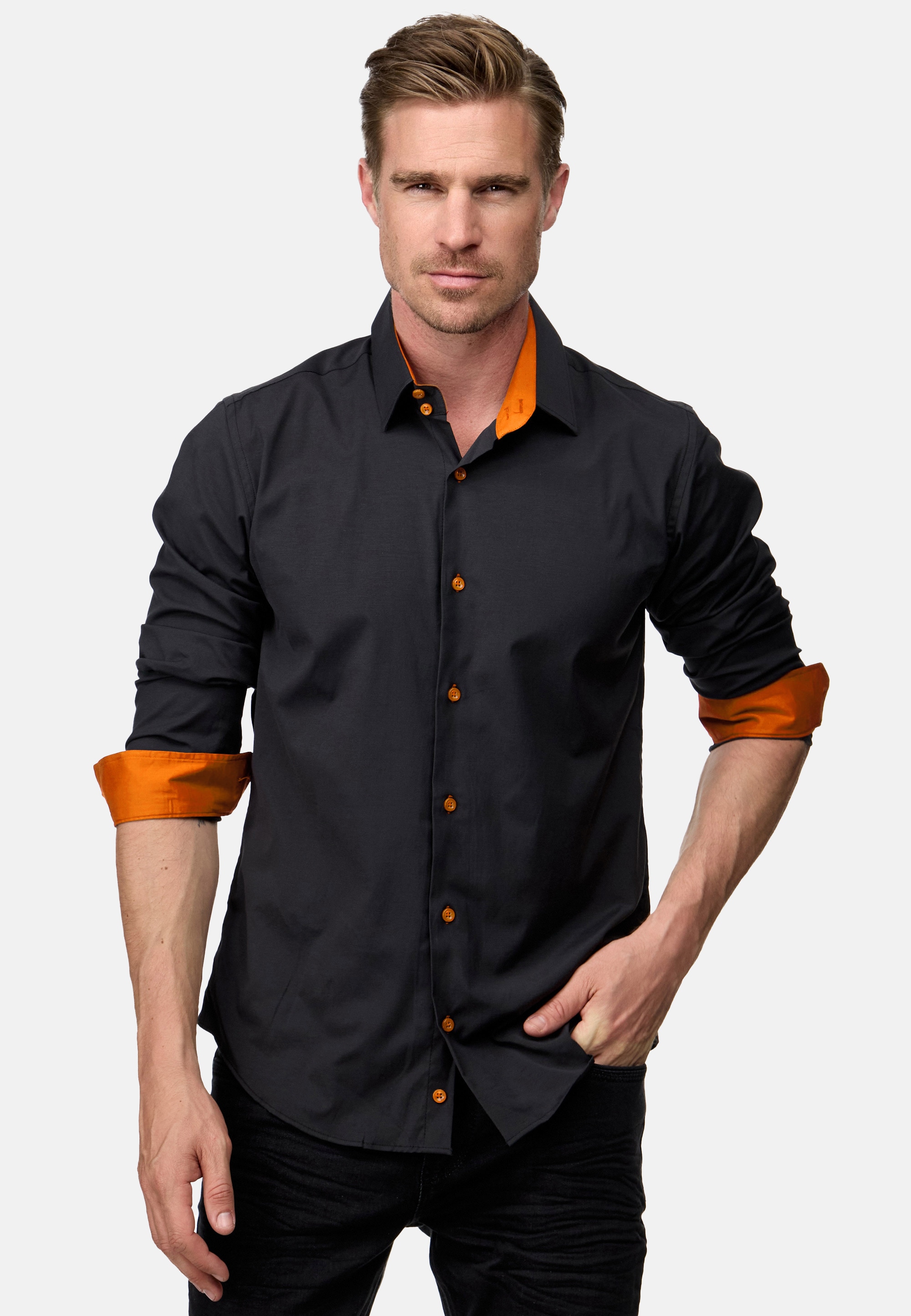 Langarmhemd RUSTY NEAL, Herren, Gr. S, EURO-Größen, orange (schwarz, orange), 60% Baumwolle, 37% Polyester, 3% Elasthan, unifarben, Hemden, mit Weste und Krawatte