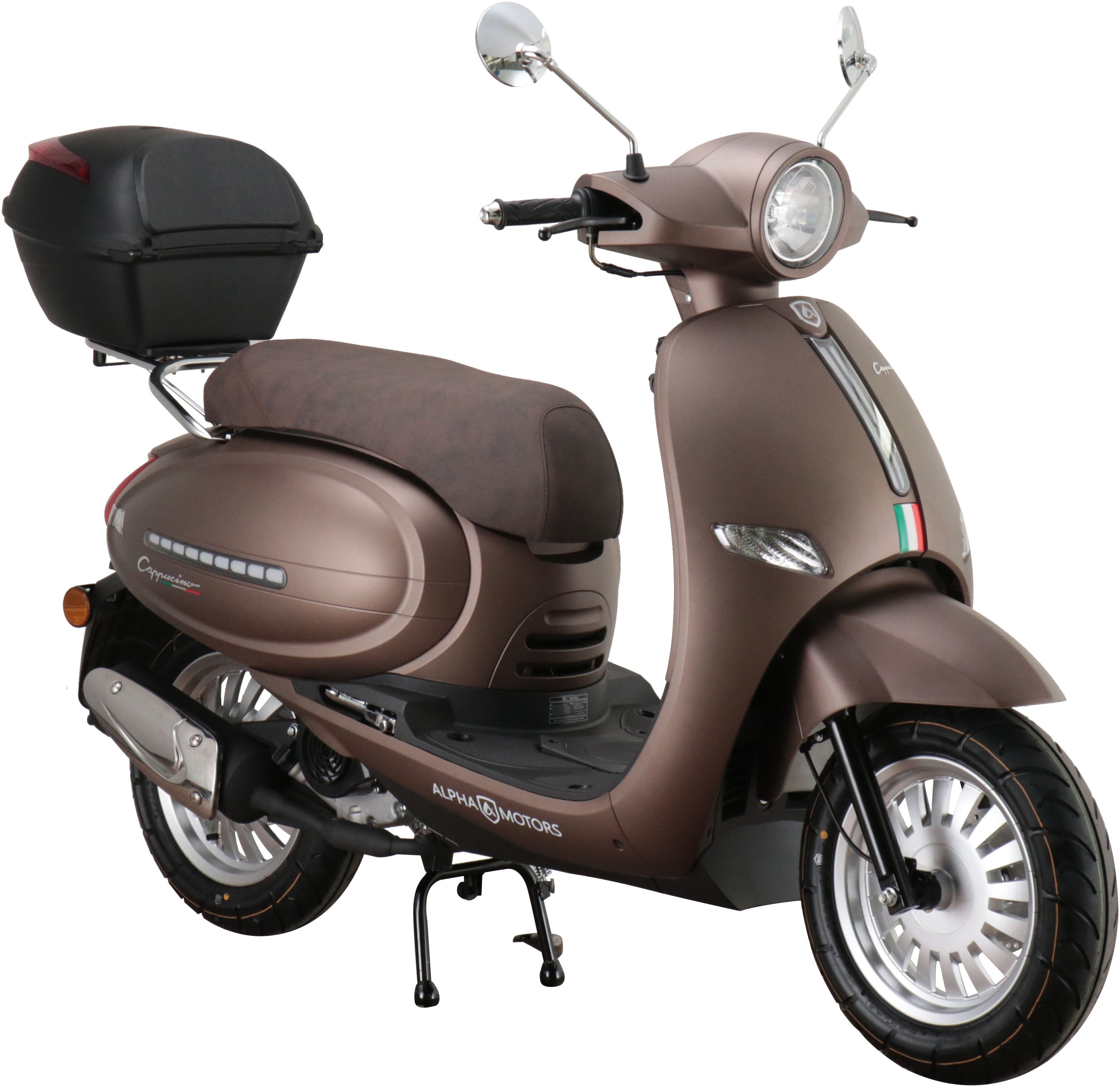 Motorroller ALPHA MOTORS "Cappucino 50 ccm 25 km/h EURO 5 mattbraun inkl. Topcase", braun (braun, braun), Motorroller, 25 km/h, mit USB-Anschluss und Lenkerschloss, LED-Leiste vorne und hinten, B:69cm H:118cm L:190cm Image