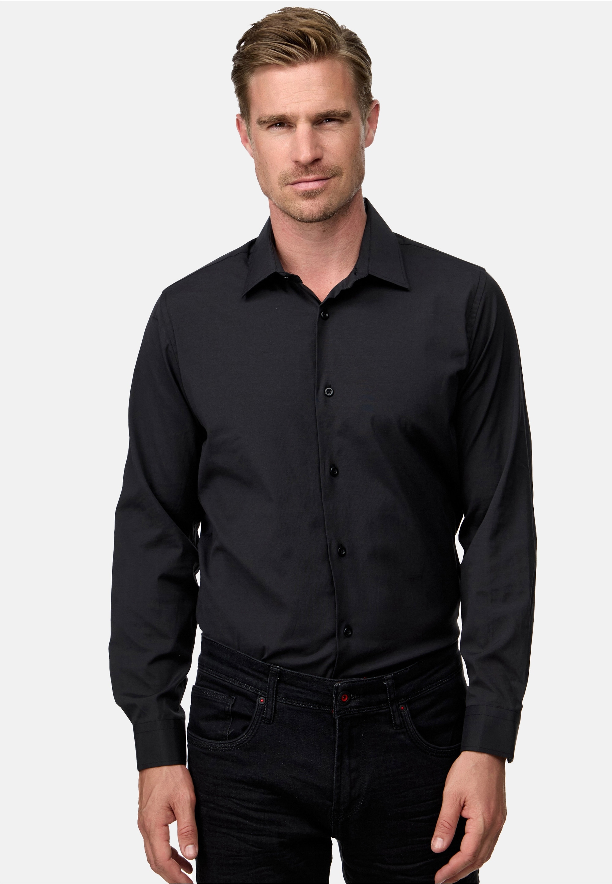 Langarmhemd RUSTY NEAL "Langarm", Herren, Gr. M, EURO-Größen, schwarz, 60% Baumwolle, 37% Polyester, 3% Elasthan, unifarben, Hemden, im Slim-Fit geschnitten