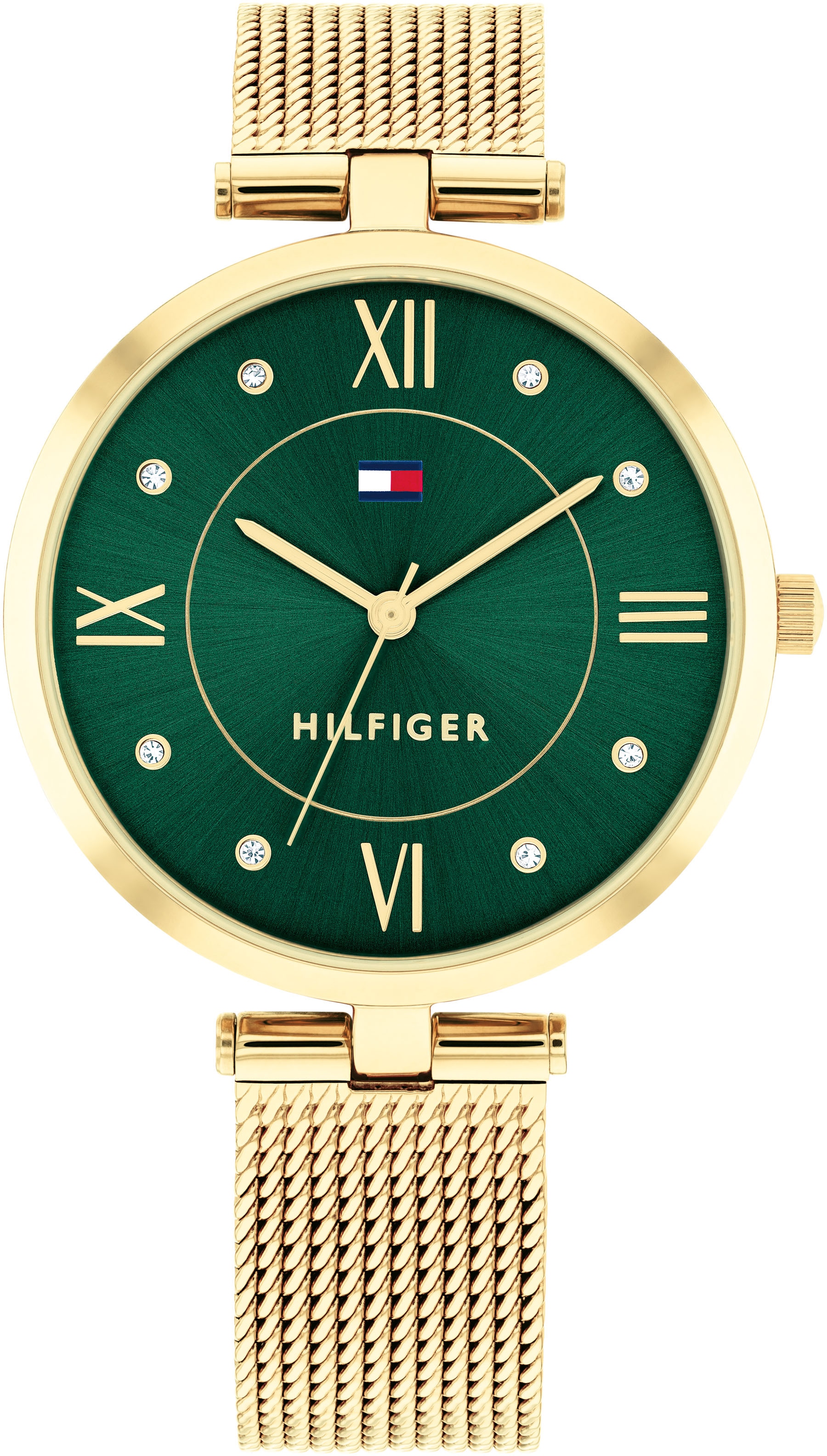 Quarzuhr TOMMY HILFIGER "ELLA", gold (goldfarben, dunkelgrün), Armbanduhren, Damen, Armbanduhr, Damenuhr, Glaskristalle, analog, Edelstahlarmband Image