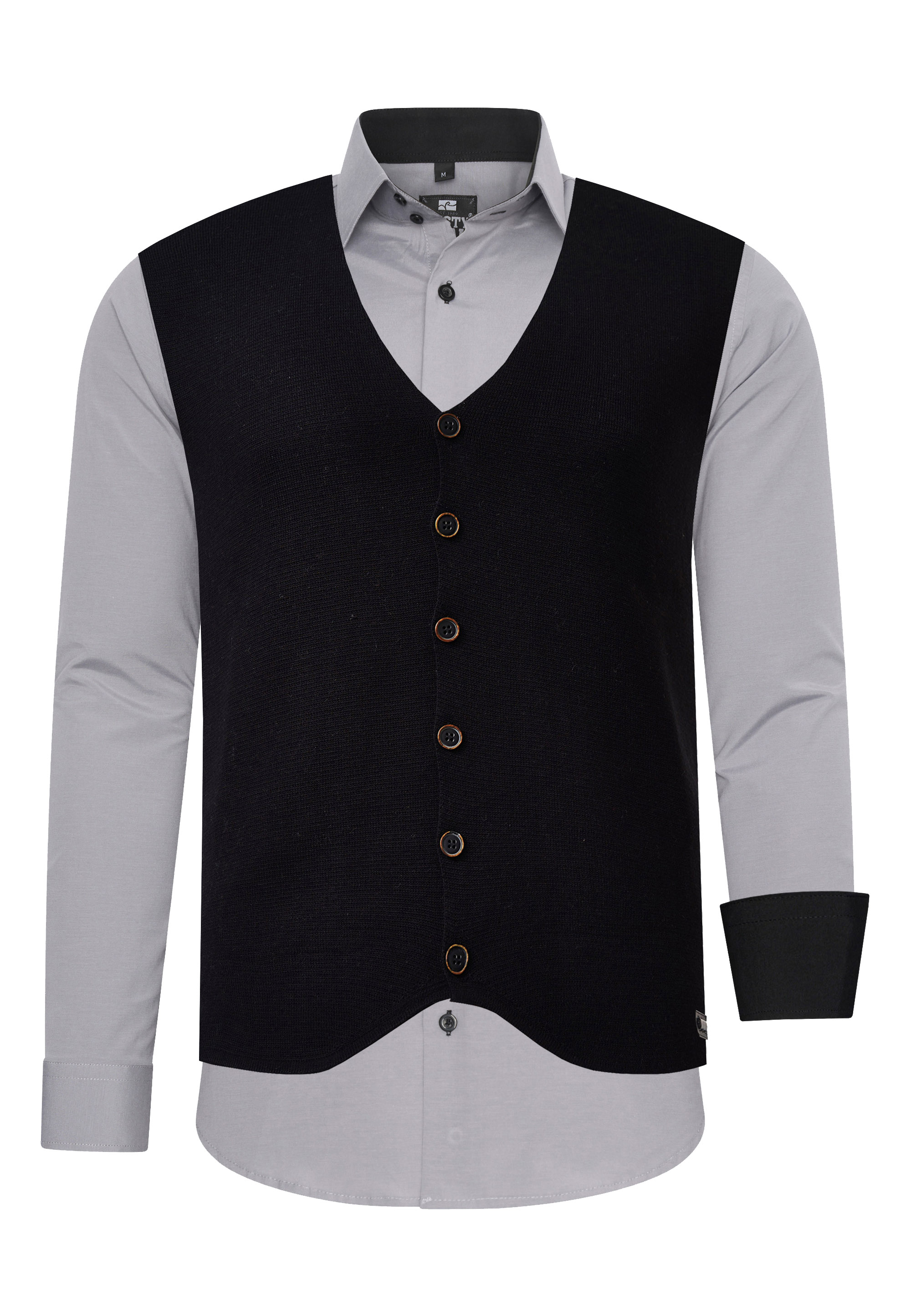 Langarmhemd RUSTY NEAL, Herren, Gr. S, EURO-Größen, grau (grau, schwarz), 60% Baumwolle, 37% Polyester, 3% Elasthan, unifarben, Hemden, mit Weste