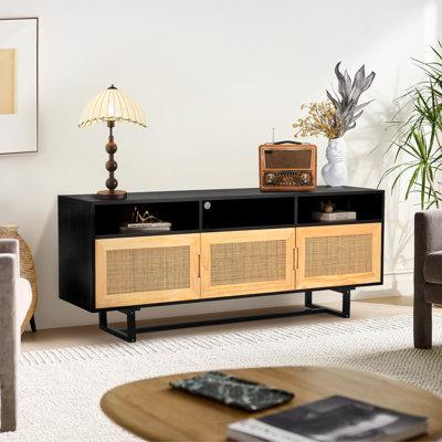 Henveton Rattan Wooden TV Stand w/ 3 Enclosed Storage Cabinets & 3 Open Shelves Wood in Black | 24.42 H x 60 W x 15.75 D in | Wayfair HV316904-BK
