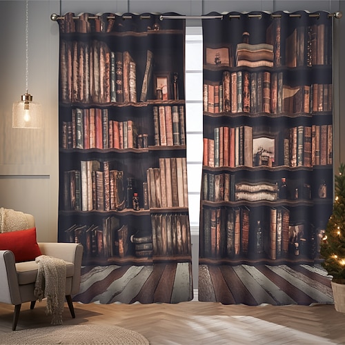 Vintage Bücherregal Verdunkelungsvorhänge Türisolierung Außenbalkon Rest Wohnzimmer Wohndekoration 2-teiliges Set mit 3D-Digitaldruck perforiert Image