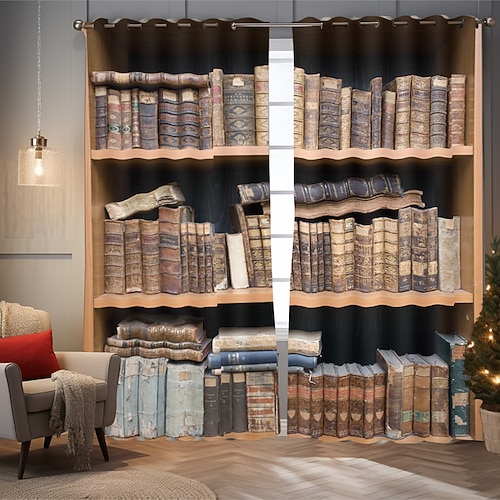 Vintage Bücherregal Verdunkelungsvorhänge Türisolierung Außenbalkon Rest Wohnzimmer Wohndekoration 2-teiliges Set mit 3D-Digitaldruck perforiert Image