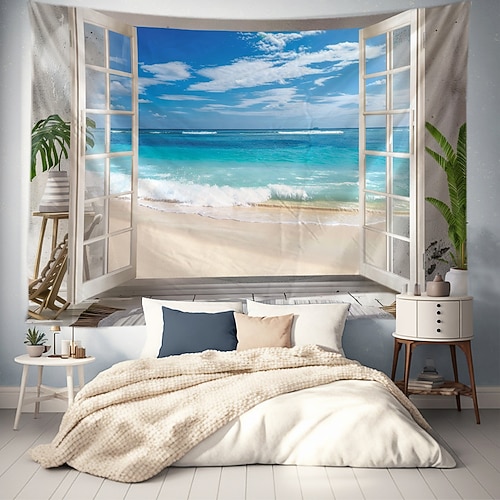 Fenster Ozean Boot hängen Wandteppich Kunst große Wandteppich Wandbild Dekor Fotografie Hintergrund Decke Vorhang Haus Schlafzimmer Wohnzimmer Dekoration Wandtuch XXL Natur Image