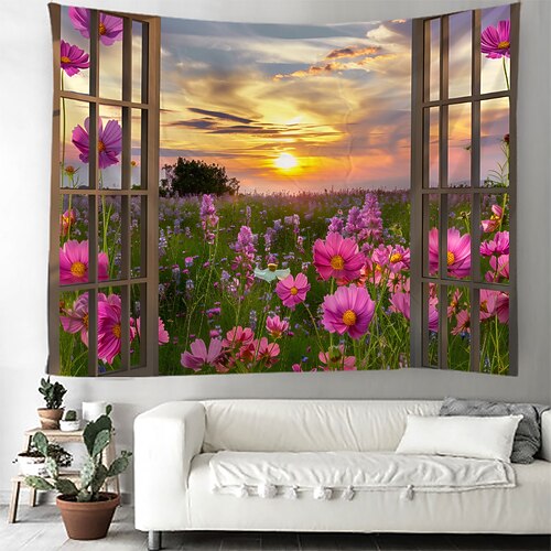 Fenster Blumen Feld hängen Wandteppich Kunst große Wandteppich Wandbild Dekor Fotografie Hintergrund Decke Vorhang Haus Schlafzimmer Wohnzimmer Dekoration Wandtuch XXL Natur Image