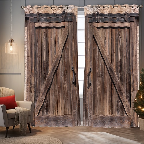 Vintage Holz Verdunkelungsvorhänge Türisolierung Außenbalkon Rest Wohnzimmer Wohndekoration 2-teiliges Set mit 3D-Digitaldruck perforiert Image