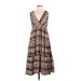 Traffic People Casual Dress - Midi Plunge Sleeveless: Brown Paisley Dresses - Women's Size Small