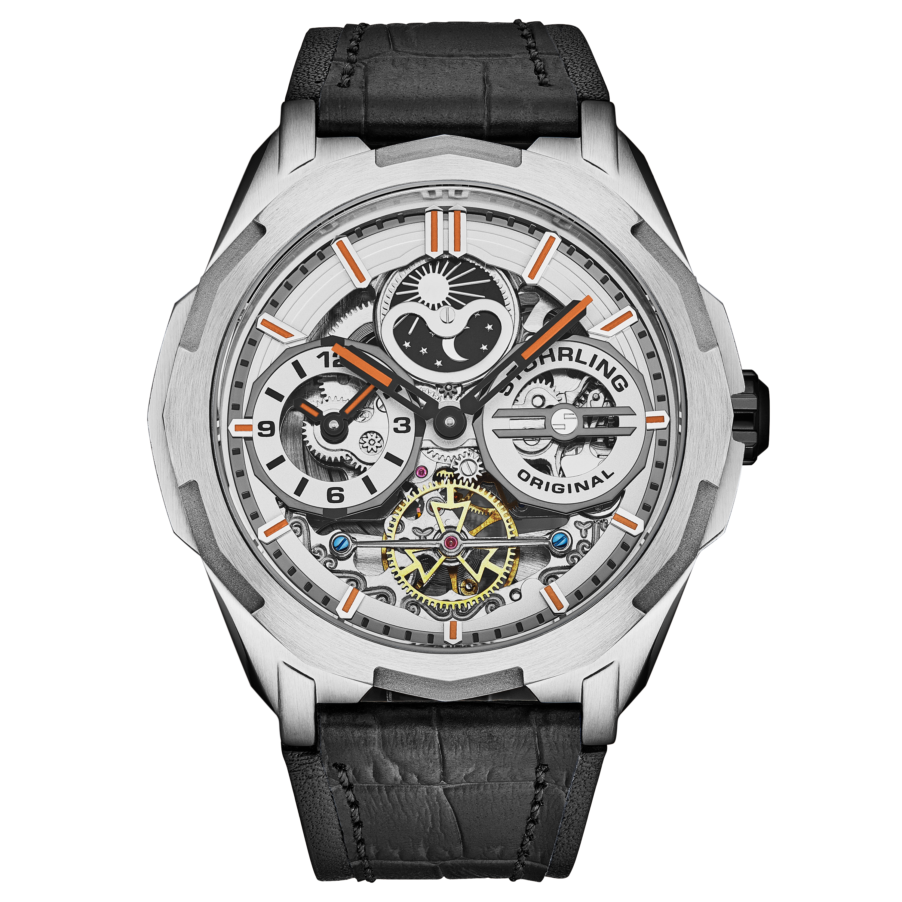 Stührling Mens Dual Time Automatic Navigator 46mm Skeleton - Silver - One Size | Stührling Sale | Discount Designer Brands