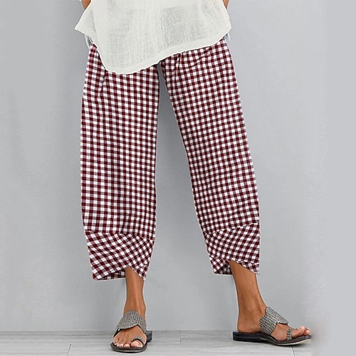 Damen Hosen Hose Alltagstauglich Knöchellang Karomuster Seitentaschen Atmungsaktivität Bequem Unelastisch Ausgehen Wochenende Blau Schwarz Rot Frühling Sommer Normale Passform Image