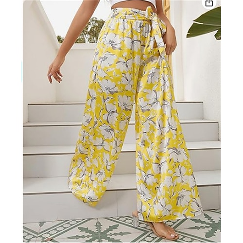 Damen Weites Bein Hosen Hose Alltagstauglich Lang Blumen Weites Bein Druck Atmungsaktivität Bequem Mikroelastisch Ausgehen Wochenende Schwarz Gelb Leicht Grün Grün Frühling Sommer Lässiger Schnitt Image