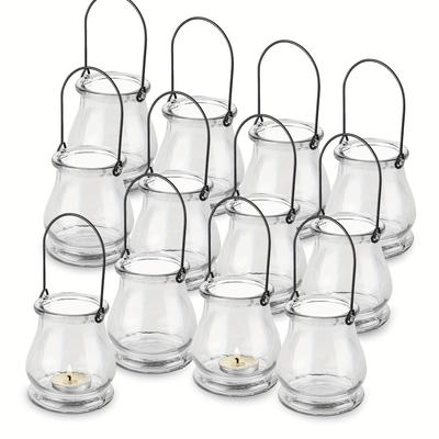 TEMU 12pcs Hanging Glass Tea Light Candle Lanterns, Vintage Indoor/outdoor Decor With Black Metal Handles, Clear Glass Holders For Home, Garden & Wedding Party Decoration Image