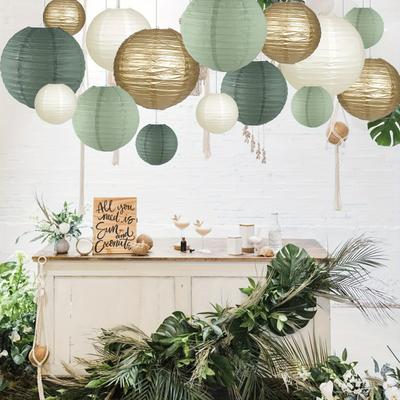 TEMU 15pcs Elegant Paper Lanterns - Round Hanging Decorations For Rustic Parties, Bridal Showers & Weddings - In Sage Green, Ivory & Golden