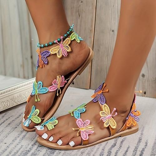 Riemchensandalen für Damen mit buntem Schmetterlingsdekor, trendige flache Sandalen mit Schleife an der Zehenpartie, Strandsandalen