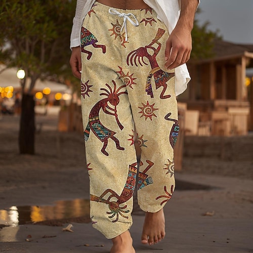 Herren Druck Freizeithose Mittlere Taille Urlaub Gerader Schnitt Sommer Frühling 3D-Druck Beige Image