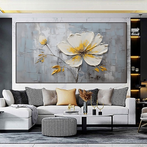 handgemaltes neutrales Blumenkunstgemälde, handgemachte Blumenkunst, Blumenbaum-Ölgemälde, handgemachtes abstraktes Blumen-Ölgemälde mit weißen Blumen, Kunstwerk für Schlafzimmer, Wohnzimmer Image