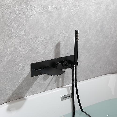 Badewannenarmatur, Messing gebürstet Gold/Schwarz Wandinstallation Wasserfall inklusive Handbrause von Spray-Typ Bad Dusche Mischbatterien mit heißem und kaltem Wasser Image
