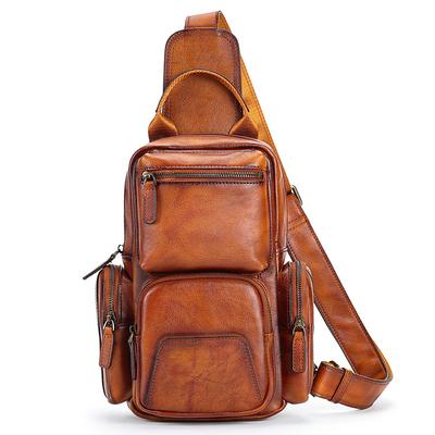 Men's Vintage Leather Crossbody Sling Bag with Multi-Pockets – Casual Travel Shoulder Chest Bag for Work, Hiking, or Daily Use