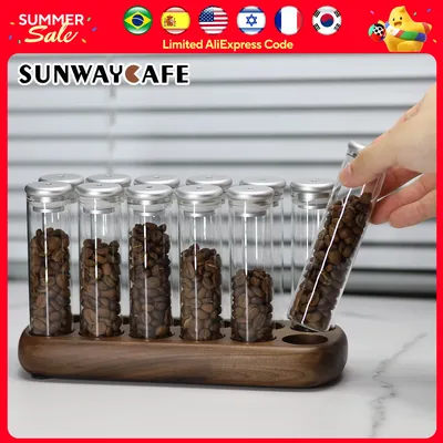Coffee Beans Tea Display Rack Stand, Glass Test Tube Storage with Hopper, Glass Bottle Rack with