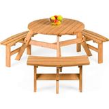Shinpt 6-Person Picnic Table Set for Patio Circular Wooden Picnic Table w/ 3 Built-in Benches and 1720lb load capacity Patio Camping Dining Table Chair Set Natural