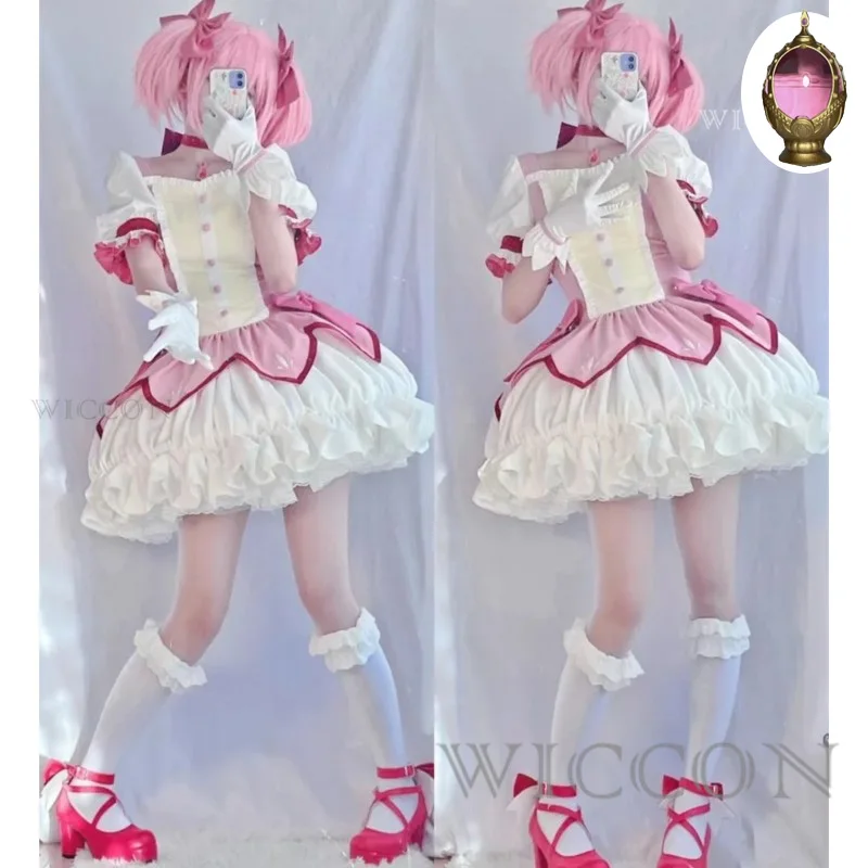 Puella Magi Madoka Magica Cosplay Kostüm Perücke Petticoat Schuhe Kaname Madoka Rosa Kurzes Ballkleid Halloween Party Uniform Outfit
