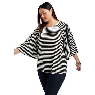 Plus Size Women's Flared Raglan Sleeve Breton Tee by June+Vie in Black White (Size 30/32)