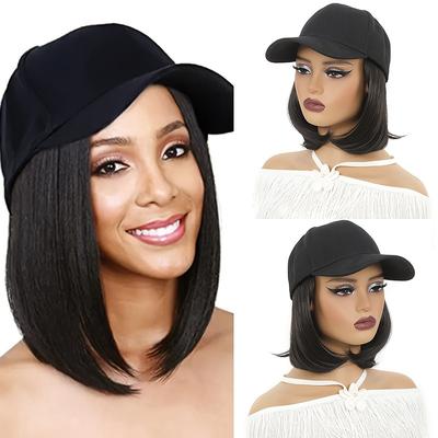 Hat Wigs Short Straight Bob Hair Wig With Baseball Hat For Women Girls Synthetic Heat Resistant Hair Wigs With Adjustable Hat