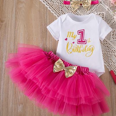 TEMU 2pcs Baby Girl's Birthday Dress Set, New Summer Printed Letter A-line Short Sleeved Jumpsuit, Princess Skirt, Hair Accessories Set, Baby's First Birthday Party Dress