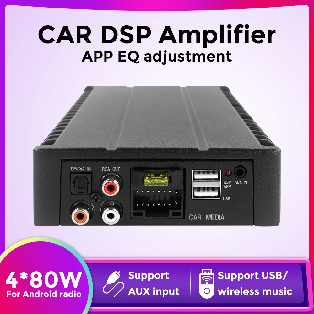 4*80W DSP Amplifier Car Digital Auto Audio Processor with Wiring Harness 16 Pin Radio Stereo USB RCA AUX Android App EQ Adjust