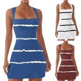 Womens Tennis Dress Fashion Stripe Tight Dresses Sleeveless Square Neck Mid Dresses No Built in Shorts Summer Savings