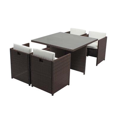 Tisch und 4 Stühle aus Harz, ineinanderschiebbar, braun/weiß