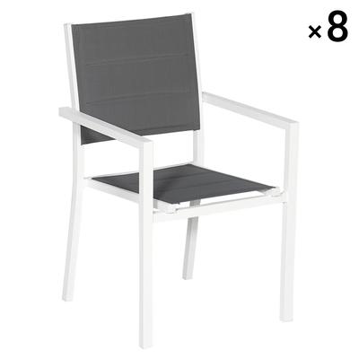 Set mit 8 grauen gepolsterten Stühlen aus weißem Aluminium.