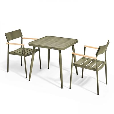 Quadratischer Gartentisch und 2 Sessel aus Aluminium/Holz Grün