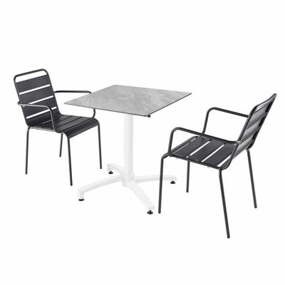Stuhl Gartentisch mit Marmor-Laminat und 2 grauen Sesseln
