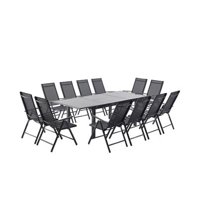 Gartentisch und 12 Stühle aus grauem Aluminium