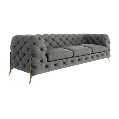 3-Sitzer Chesterfield Sofa aus Samt mit Metall-Füßen, Grau