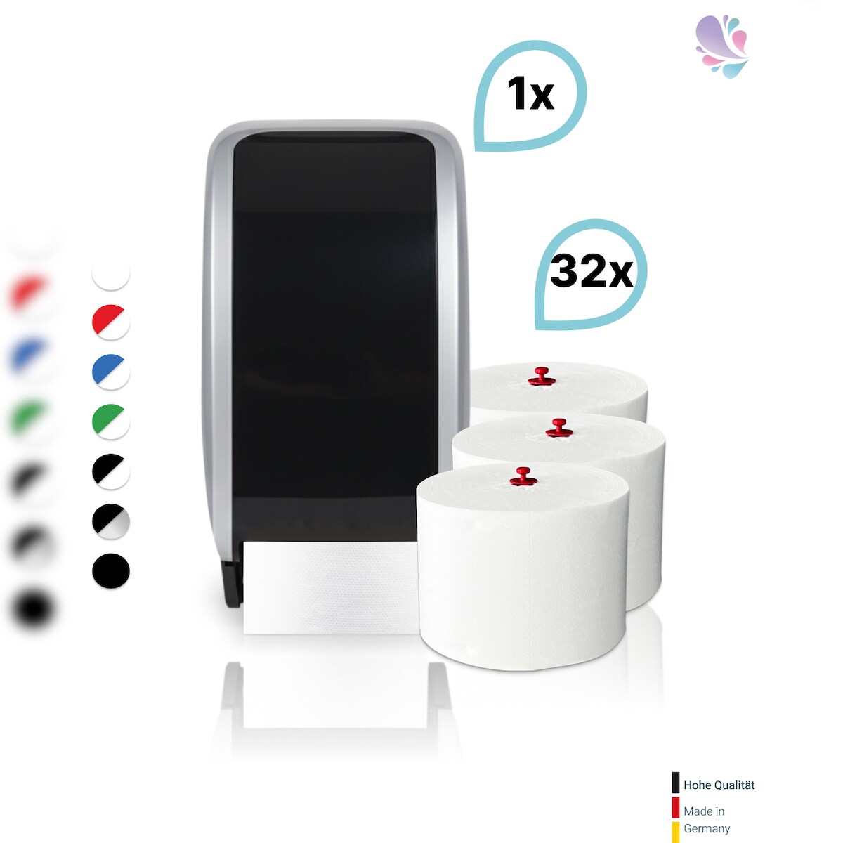 Blanc HYGIENIC SET: 1x Toilettenpapierspender Doppelrollen Blanc Cosmos + 32 Toilettenpapierrollen Long Life 3L - PRODUKTSET Image