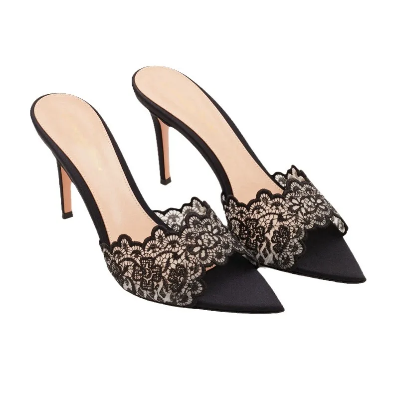 Neue Sommer-Damen-Sandalen mit hohen Absätzen, sexy und bequeme, mit Spitze bestickte Schuhe, Pantoletten, Bankettschuhe