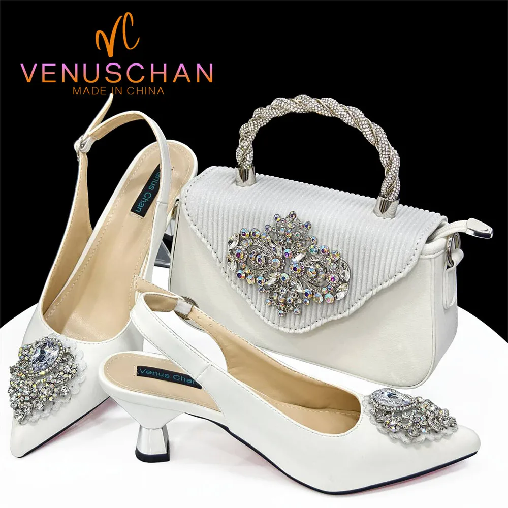 Venus Chan 2024 neueste Hochzeit spitzen Zehen Damenschuhe High Heel weiße Farbe Strass Party Damen Schuhe und Tasche Set
