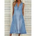 Damen Jeanskleider Midikleid Denim Patchwork Verabredung Urlaub Strassenmode Basic V Ausschnitt Ärmellos Blau Farbe
