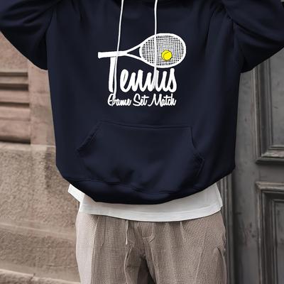 TEMU Tennis Print Hoodies For Men, Graphic Hoodie With Kangaroo Pocket, Comfy Loose Trendy Hooded Pullover, Mens Clothing For Autumn Winter