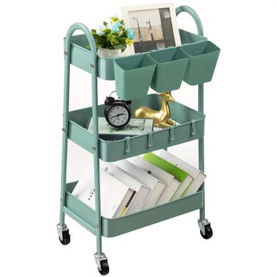 TEMU 3-tier Rolling Cart, Metal Rolling Storage Cart With Lockable Wheels & Hanging Cups & Hooks, Mobile Trolley Cart For Kitchen, Bathroom, Office, Workshop, Green