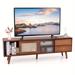 Bamboo Tv Stand Console Table W/ Pe Rattan Door & 2 Drawers For Tv Up To 65"