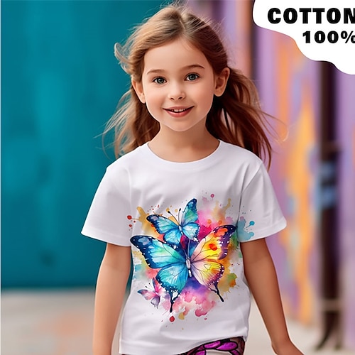 Mädchen 3D Graphic Schmetterling T-Shirt Kurzarm 3D-Druck Sommer Frühling Aktiv Modisch Kuschelig 100% Baumwolle kinderkleidung 3-12 Jahre Outdoor Casual Täglich Regular Fit Image