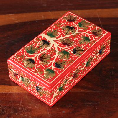 Red Nature,'Tree-Themed Red and Golden Papier Mache Decorative Box'