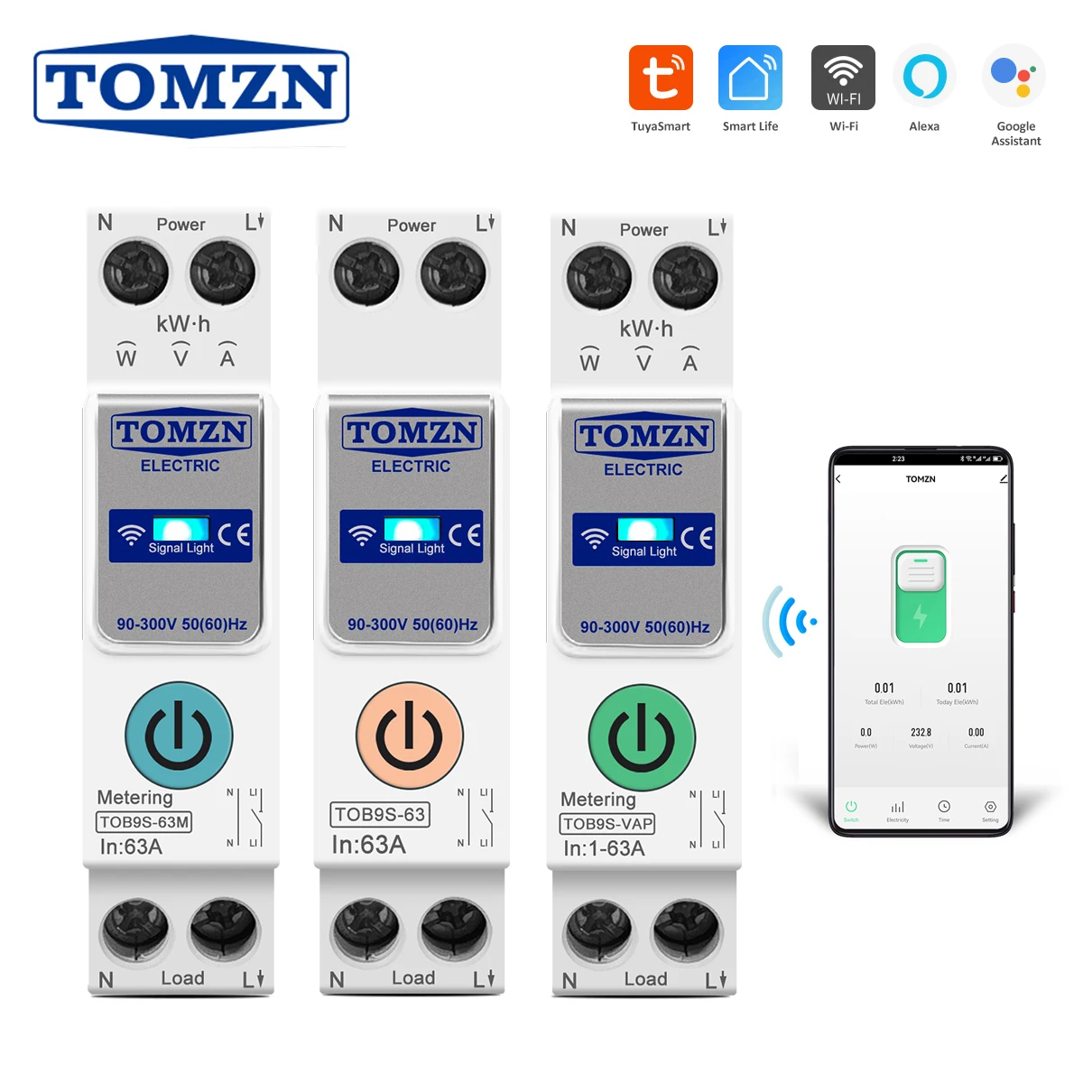 TUYA smartlife 63A TOMZN 1P + N WIFI Smart Switch Energie Meter Kwh Metering Überwachung Leistungsschalter Timer relais MCB Image