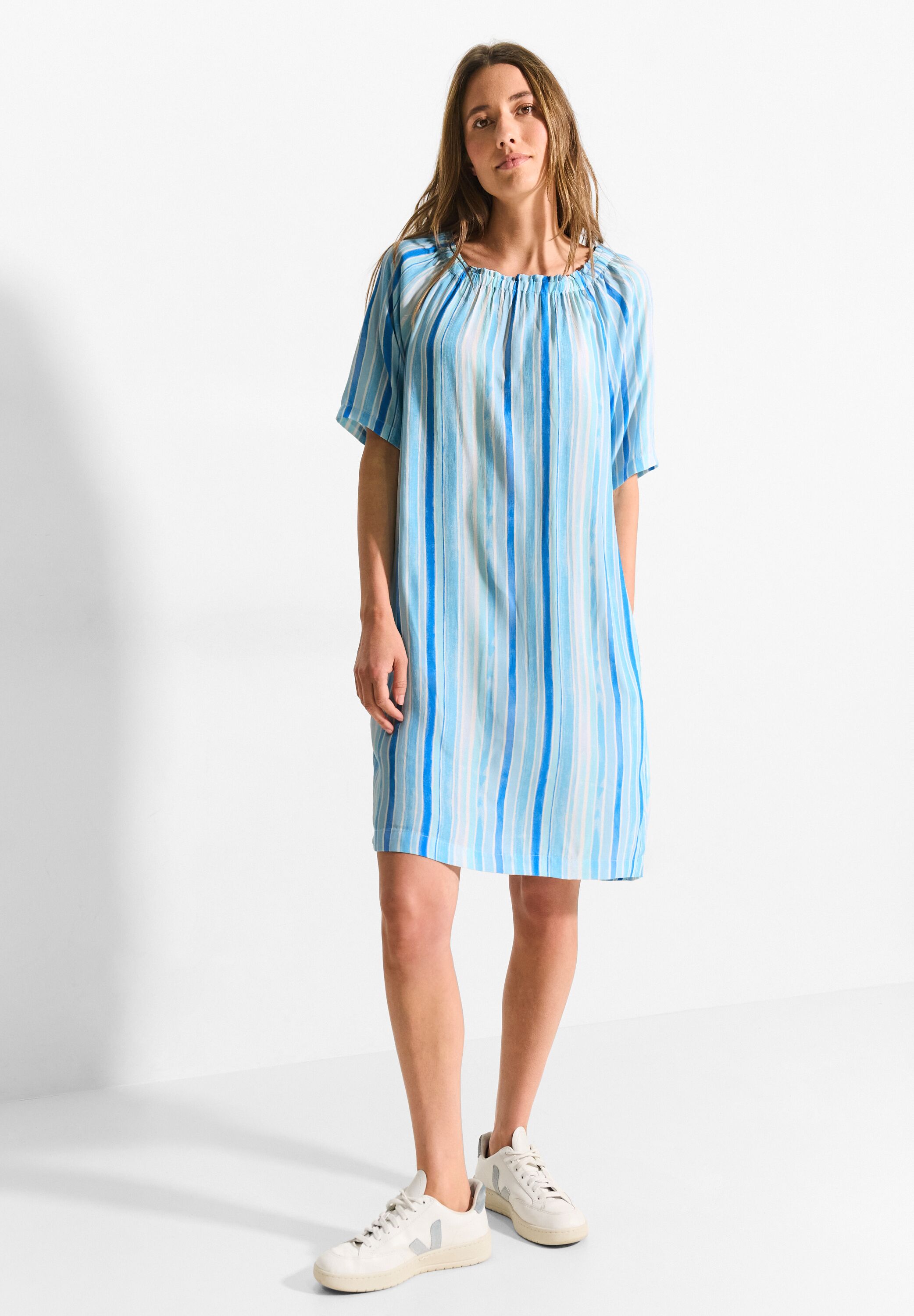 Sommerkleid CECIL, Damen, Gr. XL (44), US-Größen, blau (azure blau), Stoff, 100% Viskose, gestreift, gerade knielang, Rundhals, Bündchen, Kleider Sommerkleid, in Crepe Optik