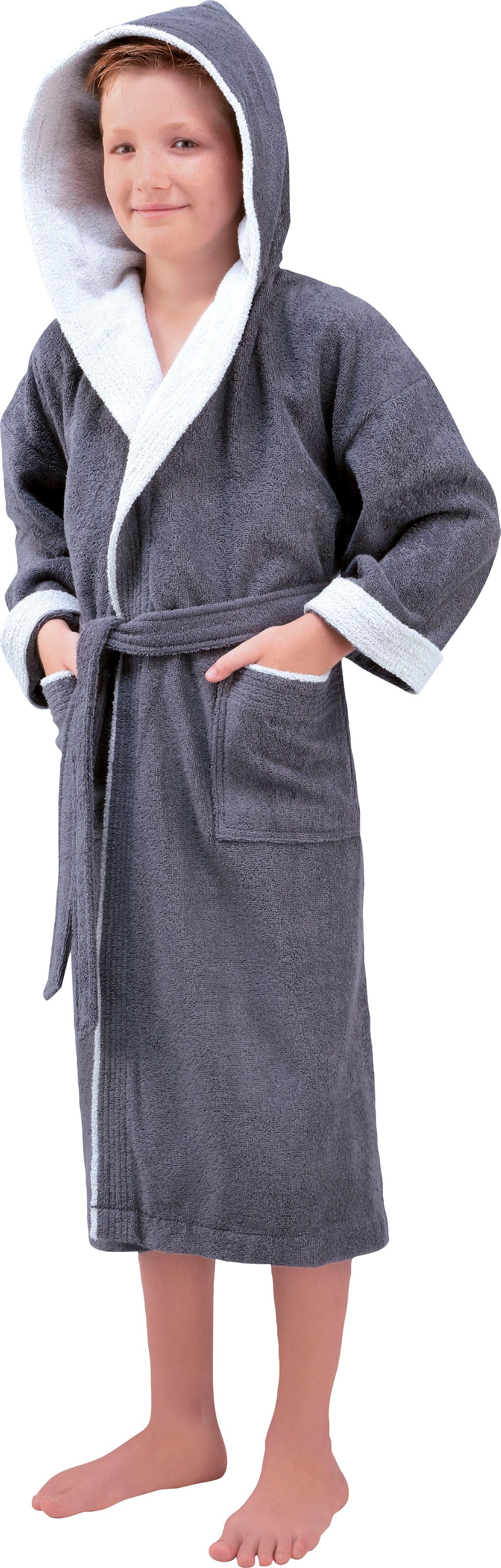 Kinderbademantel EGERIA "Calypso" Gr. 128, grau (dunkelgrau), L:90cm, Walkfrottee, Hausmäntel, mit Kapuze, Doubleface Optik, 100 % Baumwolle Image