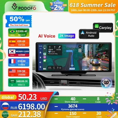 Podofo 10.26" Dash Cam 4K Rearview Camera Wireless Carplay Android Auto GPS with Voice Control Dashboard DVR Car Monitor