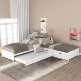 Double Twin Pine L-shaped Platform Bed with Convertible Trundle, Drawers, Built-in Desk